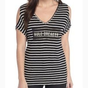 Jessica Simpson Rule Breaker Cold Shoulder Top Black Stripes M